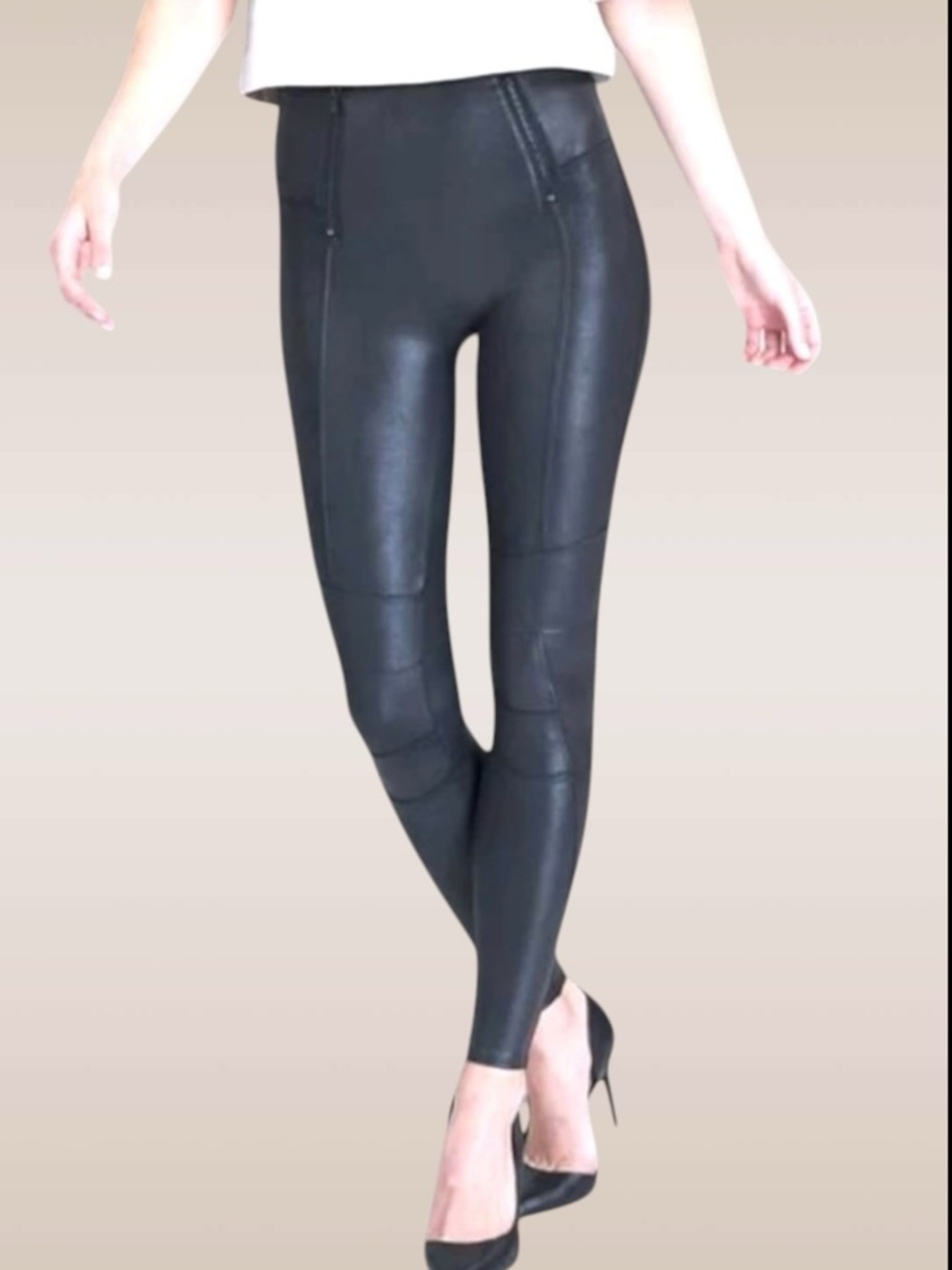 SPANX Black Faux Leather Hip Zip Moto Leggings Black Shapewear 20249R Medium